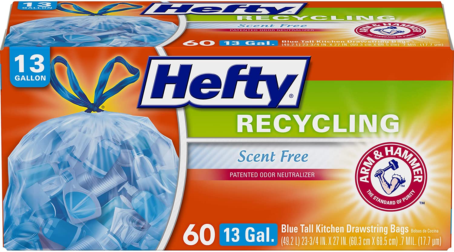 Hefty Recycling Tall Kitchen Trash Bags, Blue, 13 Gallon, Unscented, 60  Count